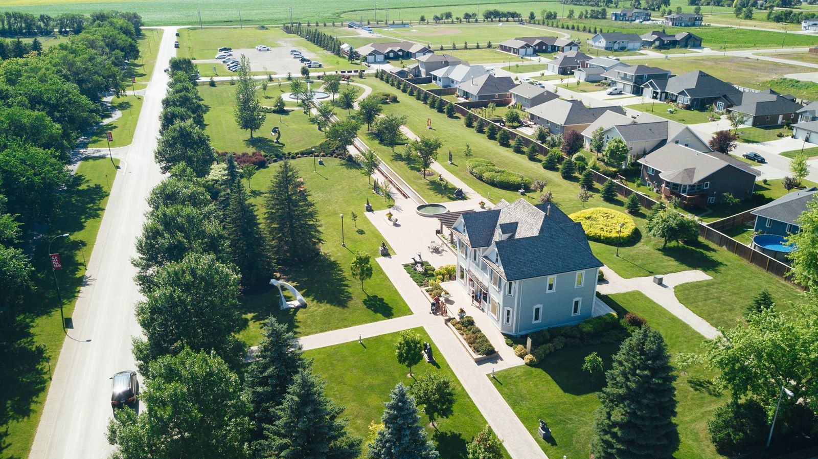 Altona's Gallery in the Park sculpture garden and nearby homes from above