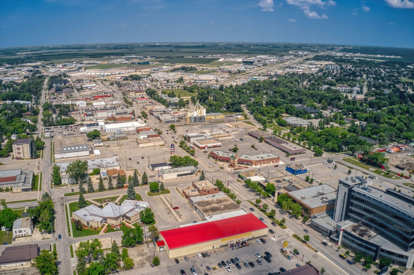 Downtown Steinbach and Main Street from above on a summer day