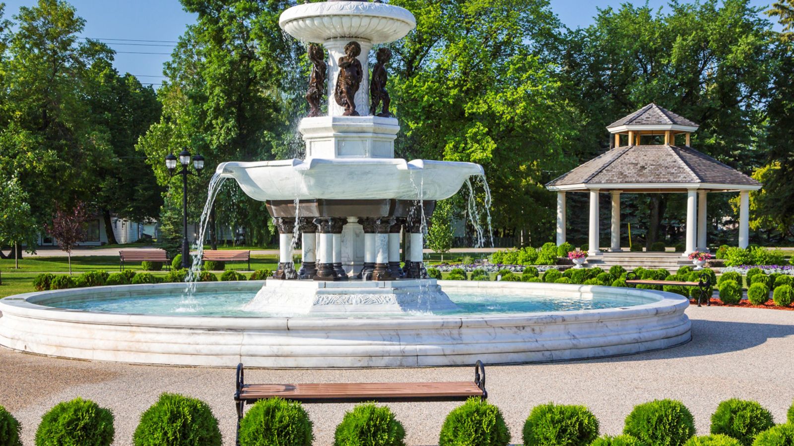 Marble fountain and gazebo in a Winkler park