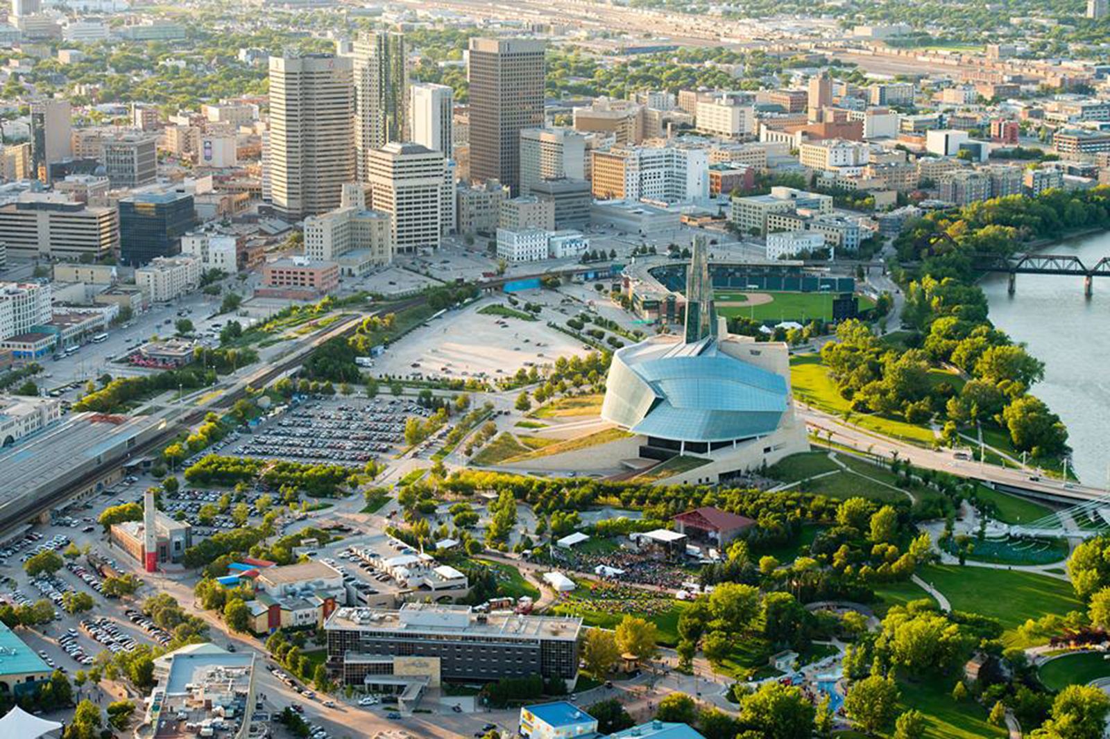 Downtown Winnipeg, The Forks and the Canadian Museum for Human Rights from above