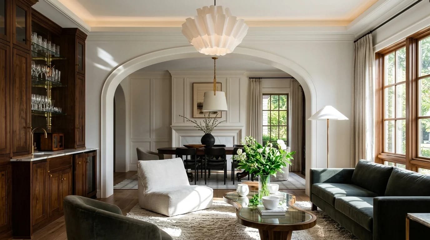 Bright living room with an arched opening to the dining room
