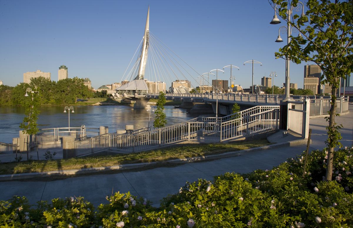 The Red River and Esplanade Riel bridge in downtown Winnipeg